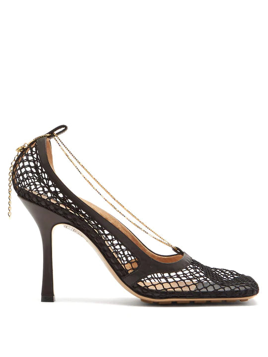 Chained-topline fishnet-vamp leather pumps