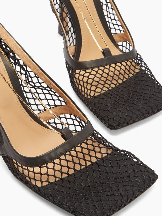 Chained-topline fishnet-vamp leather pumps