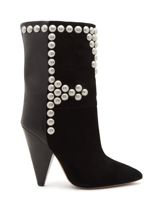 Kalbsstiefel aus Wildleder mit Kegelabsatz und Layo-Nieten