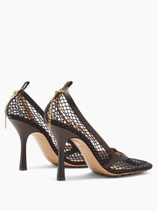 Chained-topline fishnet-vamp leather pumps